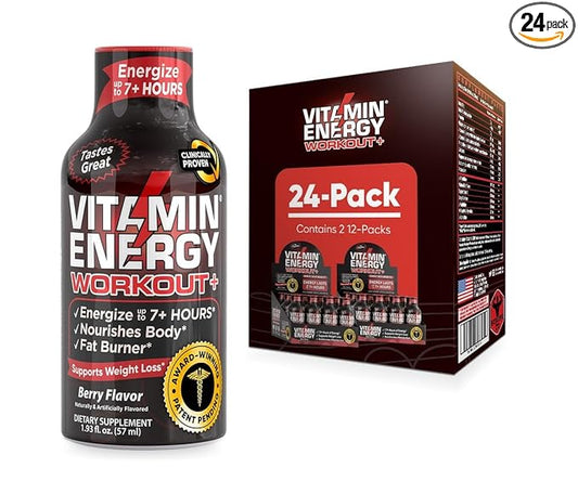 Pre Workout Vitamin Energy Drink - Keto Friendly Sugar Free Shots | Natural Clean Green Tea Caffeine with Proprietary Endurance Blend | Energize up to 7+ Hours - Berry - 1.93 Fl Oz (Pack of 24)