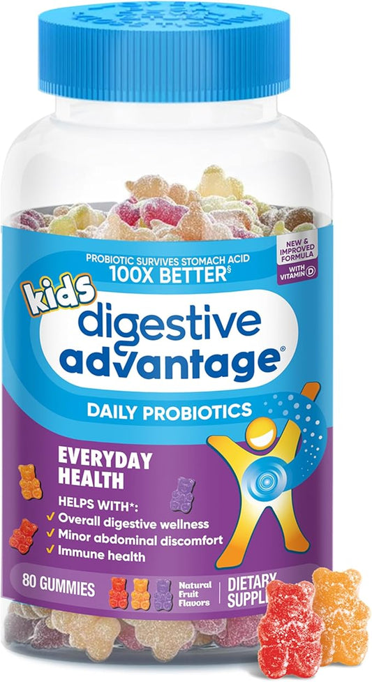 Digestive Advantage Probiotics For Digestive Health, Kids Probiotic Gummies, Daily Probiotics For Women, Men & Kids Minor Abdominal Discomfort, & Gut Health, 80ct Natural Fruit Flavors