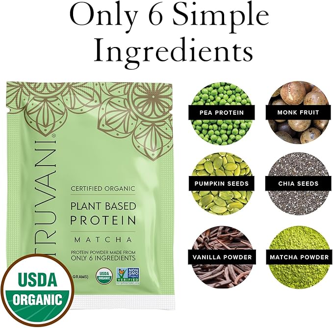 Truvani Vegan Pea Protein Powder | Matcha | 20g Organic Plant Based Protein | 1 Serving | Keto | Gluten & Dairy Free | Low Carb | No Added Sugar