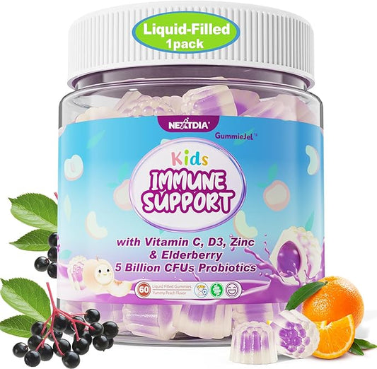 Kid Vitamin C Gummies With Zinc D3, Elderberry, Probiotics & Prebiotics, Sugar Free Immune Gummies for Kids 4+, Childrens Vitamins Supplement for Immune & Digestive Health, Powerful Antioxidant, 60cts