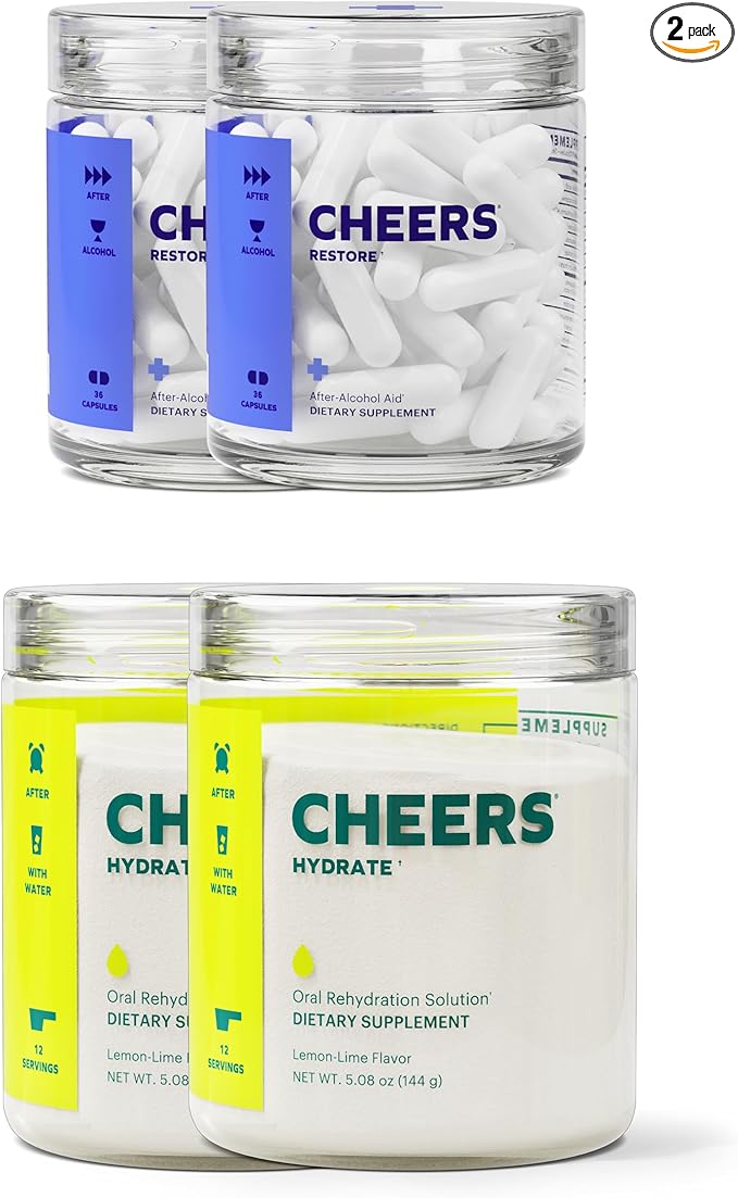 Cheers Classic Combo | Restore + Hydrate | Rehydrate & Feel Better After Drinking | DHM, L-Cysteine, B-Vitamins, Electrolytes | 12 Doses Each | Liver Support | Electrolyte Supplements