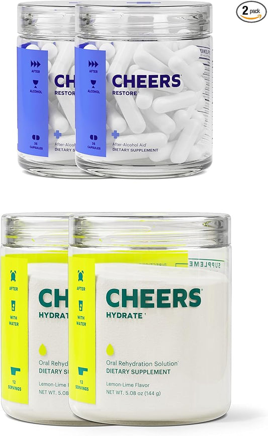 Cheers Classic Combo | Restore + Hydrate | Rehydrate & Feel Better After Drinking | DHM, L-Cysteine, B-Vitamins, Electrolytes | 12 Doses Each | Liver Support | Electrolyte Supplements