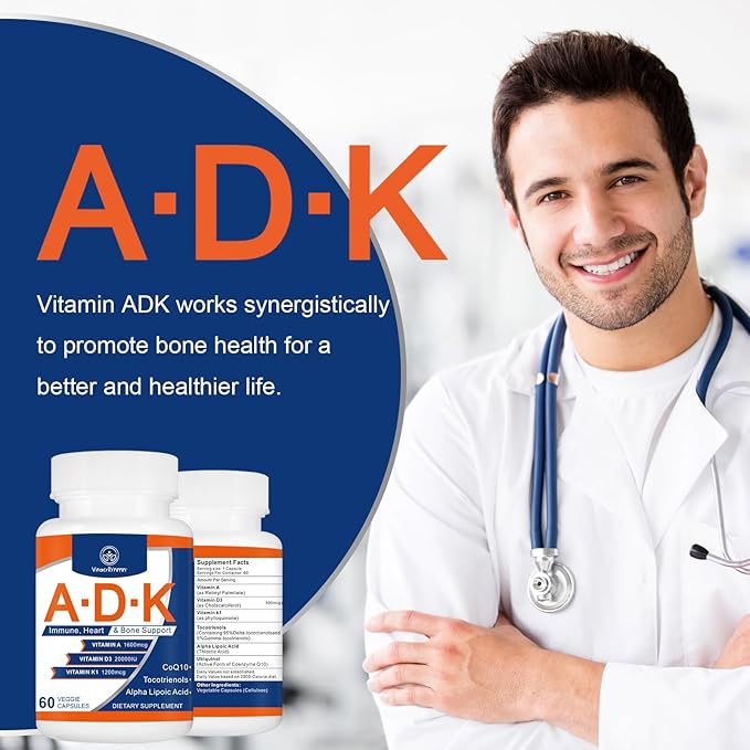 ADK Vitamin Supplement 20000 IU - High Potency Vitamins A, D3 and K1 for Heart, Bone Health and Immune Support Vitamin ADK 180 Capsules