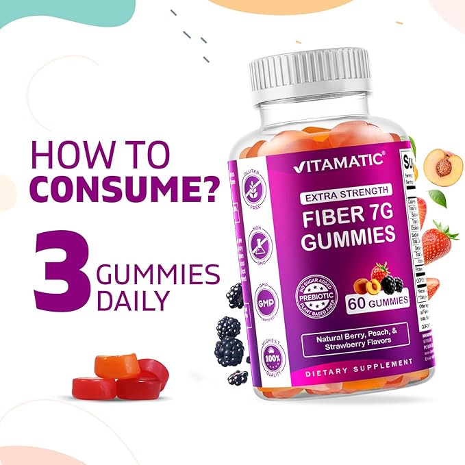 Vitamatic Prebiotic Fiber Gummies for Adults - 7G Fiber Extra Strength - Zero Sugar Added - 60 Pectin Based Gummies - Digestive Health & Regularity Support