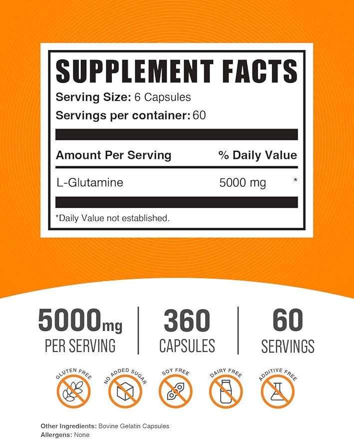 BulkSupplements.com L-Glutamine Capsules - Glutamine Supplement, L-Glutamine 5000mg - Amino Acid for Gut Health, Gluten Free, 6 Capsules per Serving, 360 Capsules (Pack of 1)