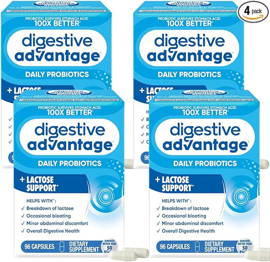 Digestive Advantage Lactose Defense with Lactase Enzymes & Probiotics for Digestive Health, Support for Breaking Down Lactose, Minor Abdominal Discomfort & Gut Health, 96ct Capsules (Pack of 4)