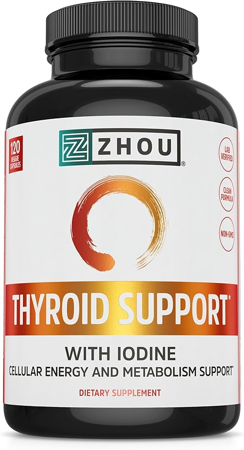 Zhou Thyroid Support Complex with Iodine Supplement, Increase Energy, Fight Brain Fog with Vitamin B12, Iodine, Magnesium, Zinc, Selenium, No Soy, Gluten-Free, 60 Servings, 120 Caps
