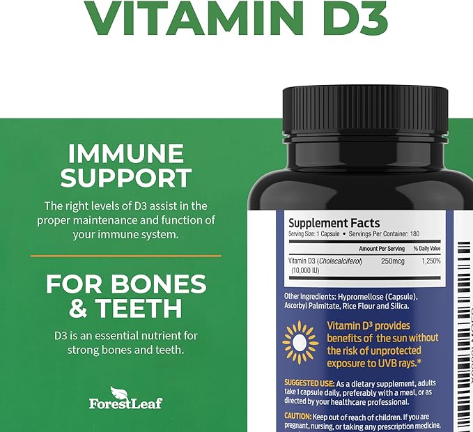 ForestLeaf Vitamin D3 10000IU - Bone Health and Immune Support - Small Easy to Swallow Capsules - Non-GMO Gluten Free VIT D - VIT D3 Vitamin D Supplements for Women and Men, 180 Count
