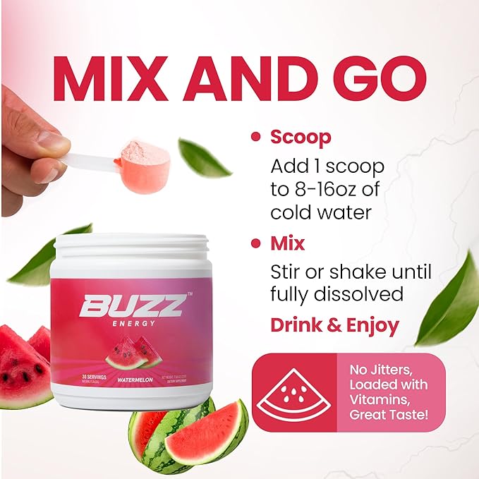 Morning Buzz Energy Drink Powder - Energy Boost Drink Mix - Sugar-Free Energy with Antioxidants - Morning Kickstart and Sports Nutrition Endurance Product - 30 Servings, Watermelon, 8 Ounces