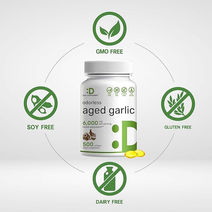 DEAL SUPPLEMENT Odorless Aged Garlic Pills, 6,000mg Per Serving, 500 Softgels – 24:1 Garlic Oil Extract – Fresh Allium Sativum Bulb Source – Heart & Immune Antioxidant Supplements – Non-GMO