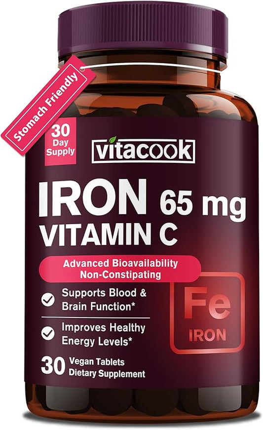 Iron Supplement for Women Men | High Potency Iron 65mg with Vitamin C 250mg | Stomach Friendly Iron Pills for Red Blood Cell & Immune Support | Vegan, Non-GMO & Gluten Free | 30 Tabs