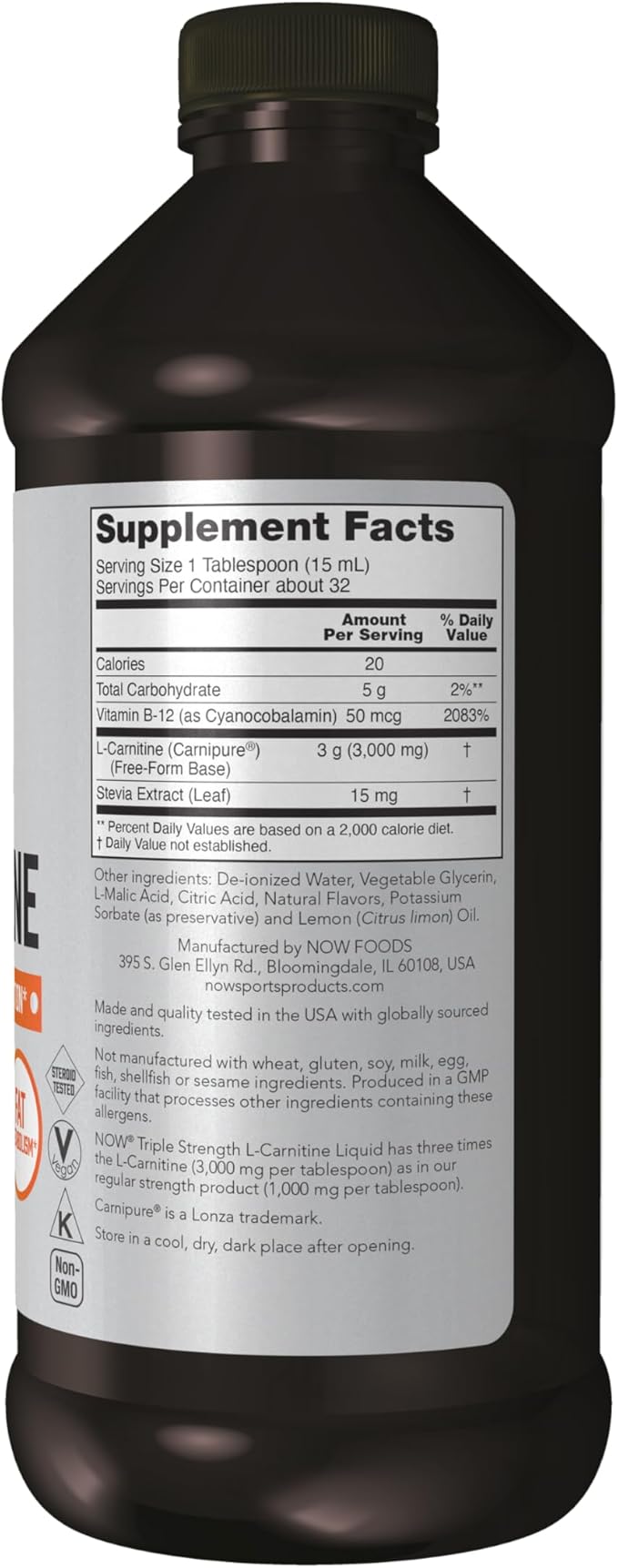 NOW Sports Nutrition, L-Carnitine Liquid, Triple Strength 3000 mg, Citrus, 16-Ounce