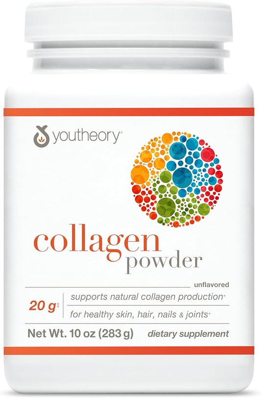 Youtheory Collagen Powder - Premium Collagen Supplement with Vitamin C & Biotin - Supports Healthy Hair, Nails, Skin & Joints* - Dairy, Soy & Gluten Free - Unflavored, 10 oz