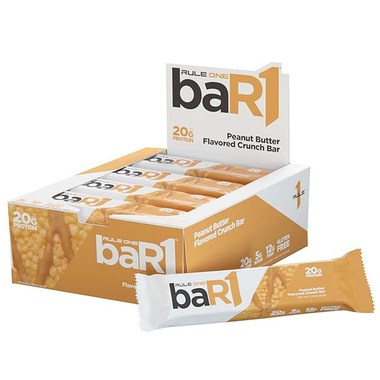 Rule 1 baR1 Crunch Bar - On-The-Go Convenient Protein Snack Bars with 20g Premium Protein, Naturally-Packed with EAAs/BCAAs, Hunger-Filling Fiber (12 Count Box, Peanut Butter)