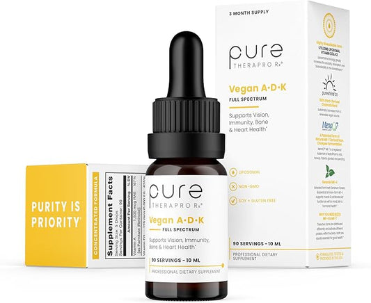 Pure Therapro Rx Vegan A-D-K Drops - 3 Month Supply - Vitamin A (Palmitate), Liposomal Vitamin D3 (Pureshine), Liposomal Vitamin K2 (MK-4 & MK-7) Supports Immunity & Bone Health - 10 mL