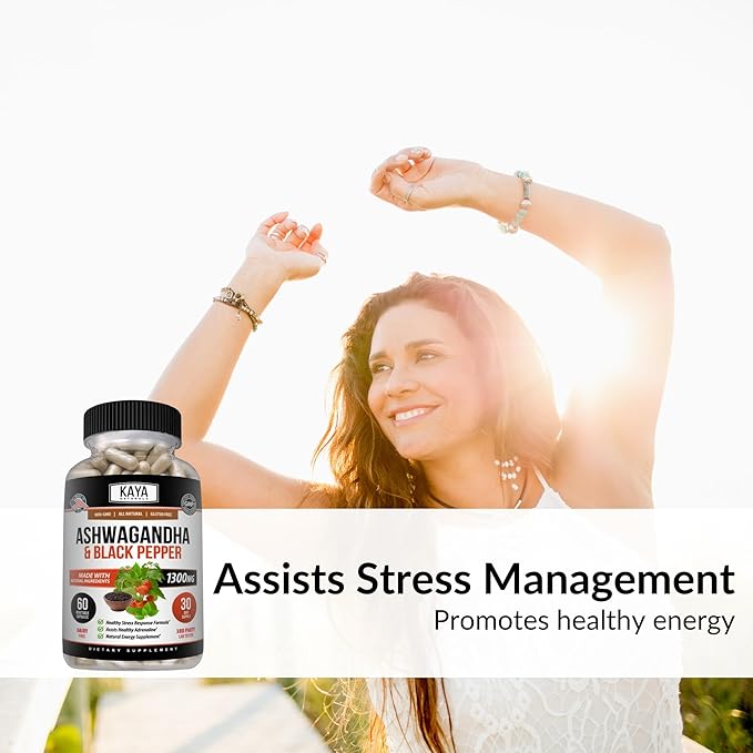 Kaya Naturals Organic Ashwagandha Capsules Extra Strength - Stress Relief Formula, Natural Mood Support, Stress, Focus, and Energy Support Supplement, 60 Capsules