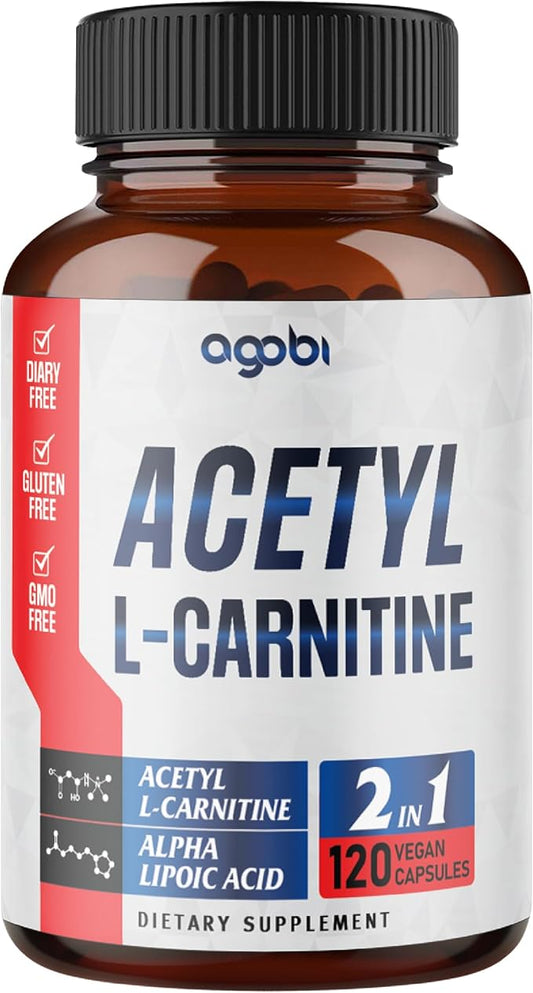 agobi Acetyl L-Carnitine & Alpha Lipoic Acid Complex 1500mg - Supplement for Brain Health, Memory, Focus & Mood Support - 120 Vegan Capsules for 2 Month Supply - Gluten-Free, Non-GMO
