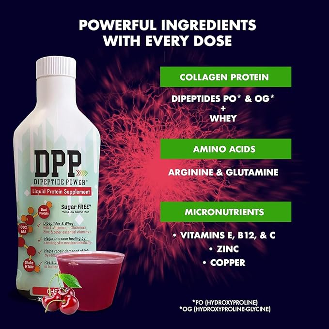 Nutritional Designs DPP Dipeptide, Wound-Healing Liquid Collagen & Whey Protein Supplement, Sugar-Free, Promotes Healthy Skin & Hair for Men & Women (Cherry, Bottle, 32 Fl Oz)