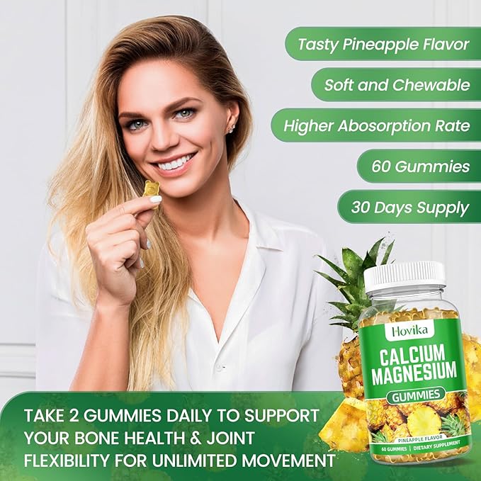 Calcium Magnesium Zinc Gummies with Vitamin D3, C, B6, K2, Potassium - Calcium for Kids & Adults - Magnesium Supplement Calm Gummies for Bone & Muscle & Immune Health, Pineapple Flavor - 60 Count