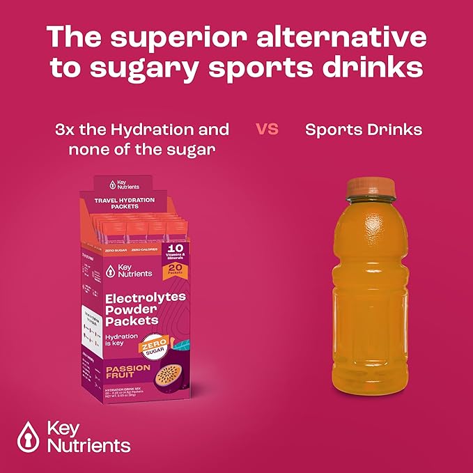 KEY NUTRIENTS Multivitamin Electrolytes Powder Packets - Delicious Passion Fruit 20 Pack Hydration Packets - Travel Hydration Powder - No Sugar, No Calories, Gluten Free - Made in USA