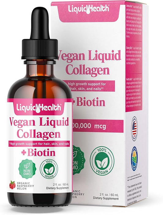 LIQUIDHEALTH 100% Vegan Collagen Plus Biotin 100,000mcg Liquid Drops - Plant-Based Liquid Collagen for Women, Men - Hair & Nail Growth, Skin Health, Boosts Metabolism - Non-GMO, Sugar Free (2 oz)
