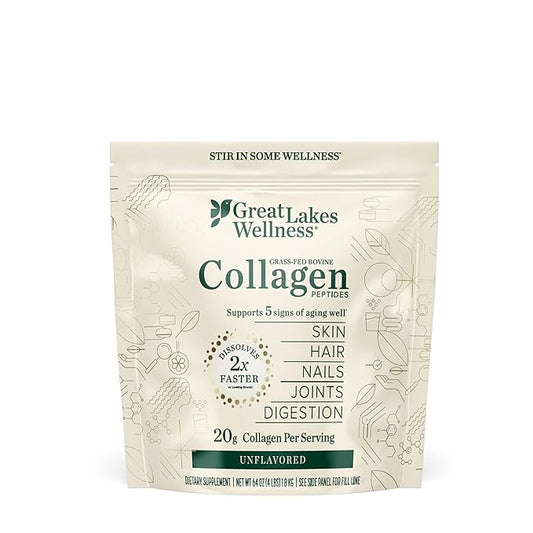 Great Lakes Wellness Collagen Peptides Powder for Skin, Hair, Nails, Joints & Digestion - Unflavored - Quick Dissolve Hydrolyzed, Non-GMO, Keto, Kosher - 4 lb. Value Pouch