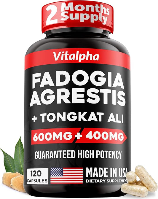 600mg Fadogia Agrestis Extract, 400mg Tongkat Ali Supplement & Bioperine - Maximum Strength Blend for Athletic Performance & Muscle Mass - Fadogia Agrestis & Tongkat Ali for Men - 120 V-Caps
