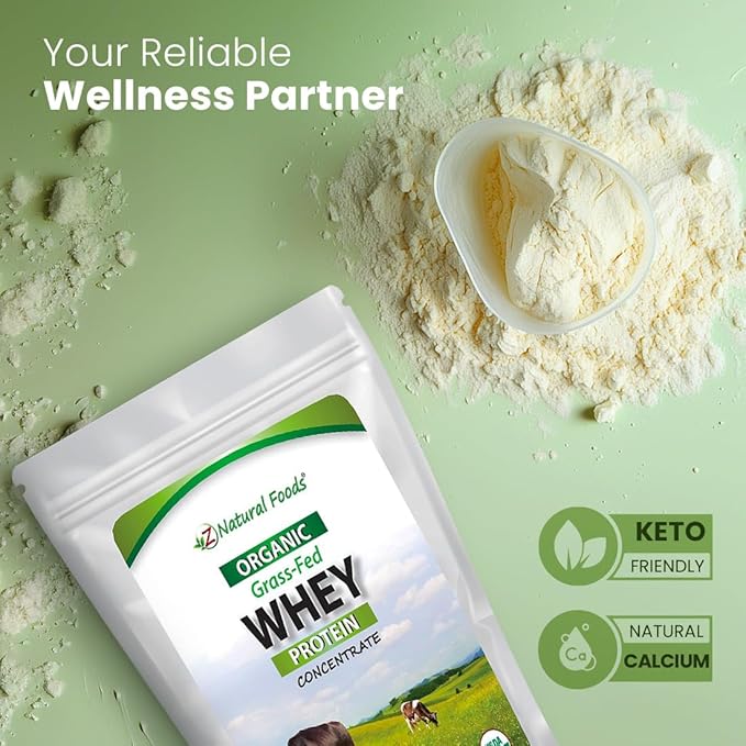 Z Natural Foods Organic Whey Protein Concentrate - Nutrient-Dense Grass Fed Whey Protein Powder - Cold Processed Pure Whey Protein with Essential Amino Acids for Nutrition & Fitness, Unflavored, 5 lbs