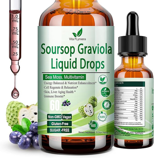 Soursop Graviola Liquid Drops, Soursop Extract Multivitamin Drops w. Sea Moss, Grape Seed, Super Concentrated Unrefined Soursop Oil Organic for Skin Immune Boost Detox, Soursop Bitters Liquid 2 Fl/Oz