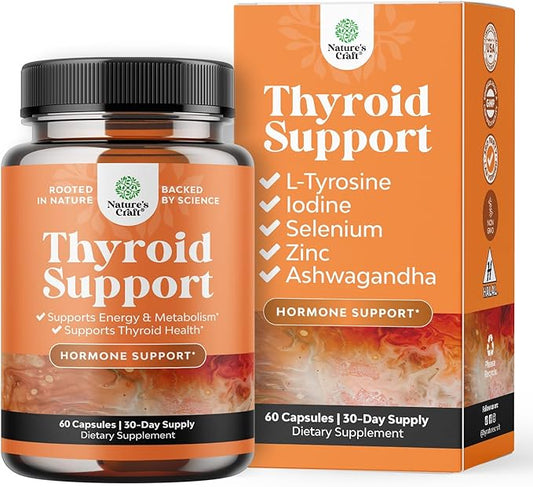 Herbal Thyroid Support Complex - Iodine Thyroid Supplement with L Tyrosine Bladderwrack Kelp Selenium and Ashwagandha - Mood Enhancer Energy Supplement for Thyroid Health - 60 Halal Capsules