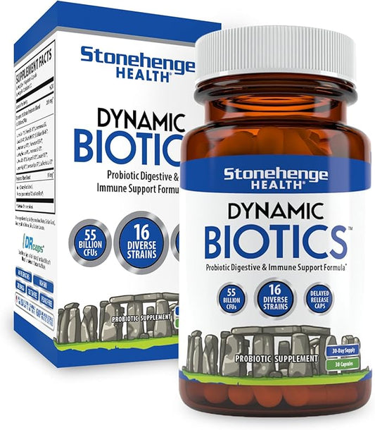 Stonehenge Health Probiotics 55 Billion CFU - 16 Strains, Prebiotic, Synbiotics Dynamic Biotics - Lactobacillus Acidophilus, Delayed Release, Shelf Stable, Non-GMO Gluten Free Veggie Capsule