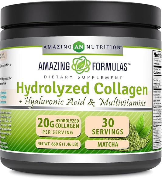 Amazing Formulas Hydrolyzed Collagen with Hyaluronic Acid & Multivitamins Supplement | 30 Servings Powder | 660 Grams | Japanese Matcha Flavor