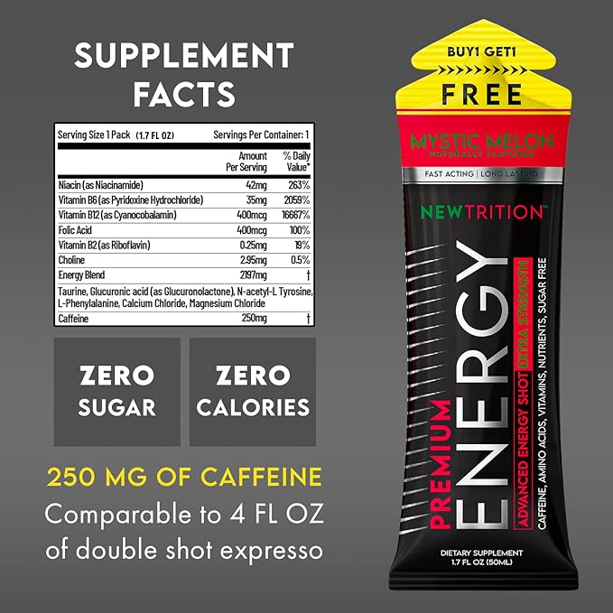 NewTrition Extra Strength Energy Shots, Caffeine Energy Shots with Vitamin B & Amino Acids, Sugar-Free Vitamin Energy Shot, 1.7 fl oz, Mixed Flavors, 12 Count