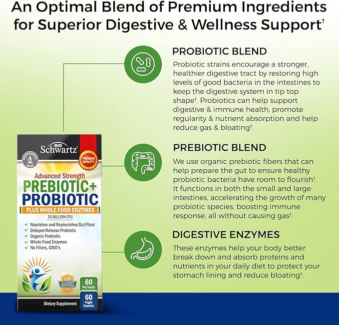 Prebiotics and Probiotic with Whole Food Enzymes for Adults Women & Men - Probiotics Lactobacillus Acidophilus - Digestive Health Capsules Shelf Stable Supplement - Non-GMO Gluten & Dairy Free -60ct