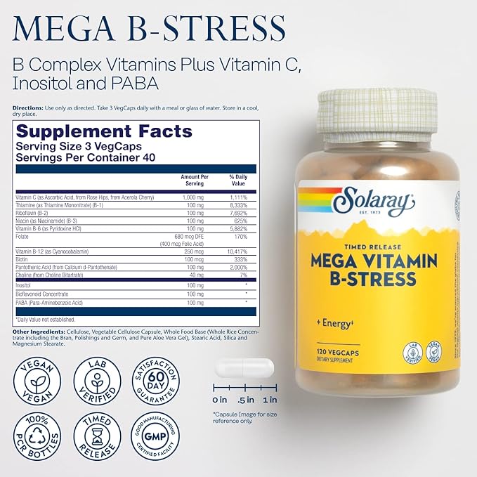 Solaray Mega Vitamin B-Stress, Timed-Release Vitamin B Complex with 1000 mg of Vitamin C for Stress, Energy, Red Blood Cell & Immune Support, 60 Day Guarantee, Vegan, 40 Servings, 120 VegCaps