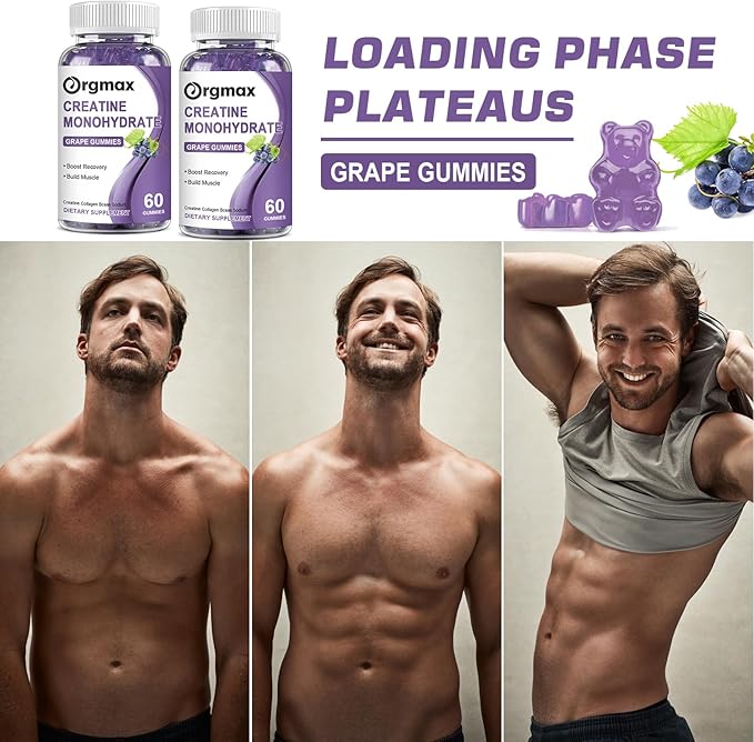 Creatine Monohydrate Gummies, Delicious Grape Flavored for Men & Women, Enhanced with Collagen & BCAA, Easy-to-Swallow Chews for Muscle Strength, Energy Boost, Pre-Workout Supplement(2 Pack)