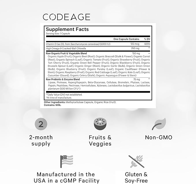 Codeage Raw Vitamin D3+ High Potency 5000 IU Supplement From Saccharomyces Cerevisiae - Raw Vitamin Enhanced with Omega-9, Probiotics, Digestive Enzymes, Fruits & Greens - 2-Month Supply - 60 Capsules