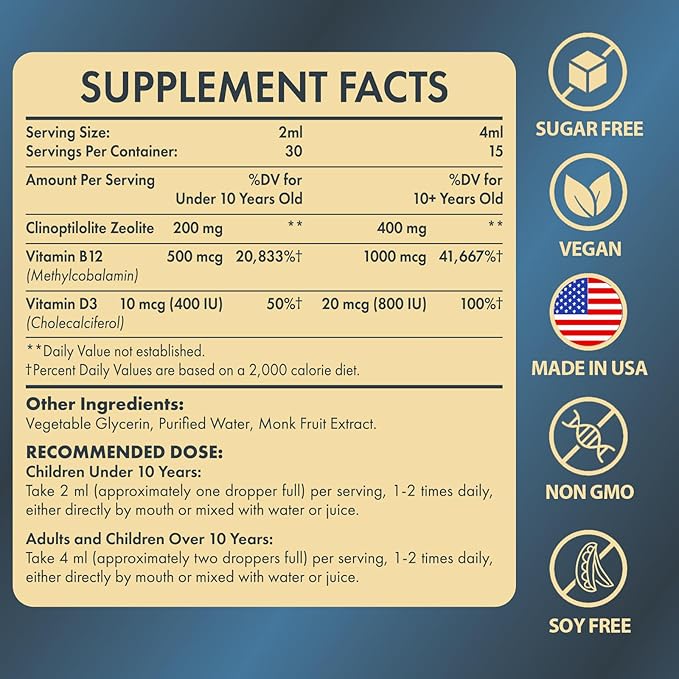 Zeolite Detox for Kids and Adults, Premium Zeolite Clinoptilolite Liquid with Methyl Vitamin B12 & D3, Gentle Heavy Metal Detox for Kids, Energy, and Focus, Monk Fruit Flavor, 2 Fl Oz