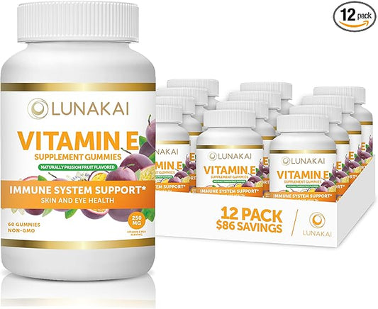 Vitamin E Gummies with Vitamin C - Tastiest Proprietary Formula - 250mg (400IU) Vit E - Antioxidant, Skin & Eye Health Support, Non-GMO, Vegan Vitamin E Supplement - Natural Vitamina E Gummy - 12 Pack