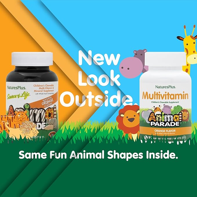 Natures Plus Animal Parade Children's Chewable Multivitamin - Orange Flavor - 90 Animal-Shaped Tablets - Promotes Health & Well-Being - Vegetarian, Gluten Free - 45 Servings