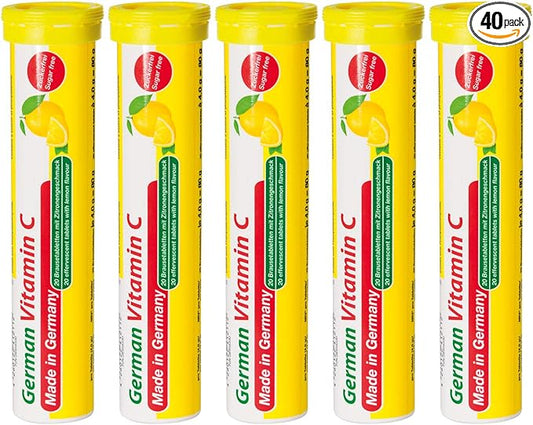 German Vitamin C 180 mg - 40 Vegan Drink Effervescent Tablets - Lemon Lime Flavor - Made in Germany