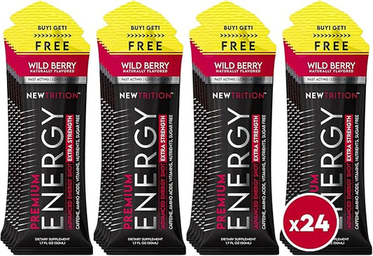 Extra Strength Energy Shots, Caffeine Energy Shots with Vitamin B & Amino Acids, Sugar-Free Vitamin Energy Shot, 1.7 fl oz, Wild Berry, 24 Count