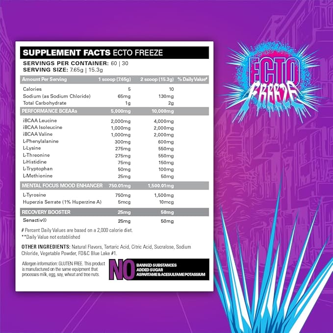 EHP Labs x Ghostbusters Beyond BCAA Powder Amino Acids Supplement for Muscle Recovery - Sugar Free BCAAs Amino Acids Post Workout Recovery Powder & EAA Amino Acids Powder - 60 Servings (Ecto Freeze)