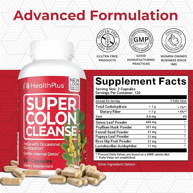 Health Plus Super Colon Cleanse 10 Day Gentle Gut Cleanse Detox, Psyllium Husk, Probiotics for Constipation Relief & Digestive Support, 240 Capsules