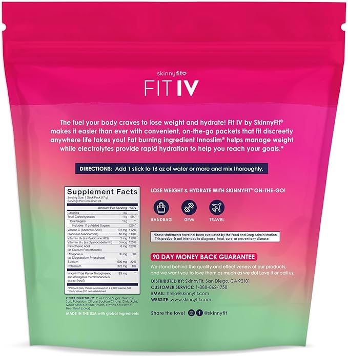 SkinnyFit FIT IV Hydrating Electrolytes Plus Weight Managing Innoslim, Vitamin B12 & Vitamin C, Rapid Hydration, Healthy Aging, 24 Servings