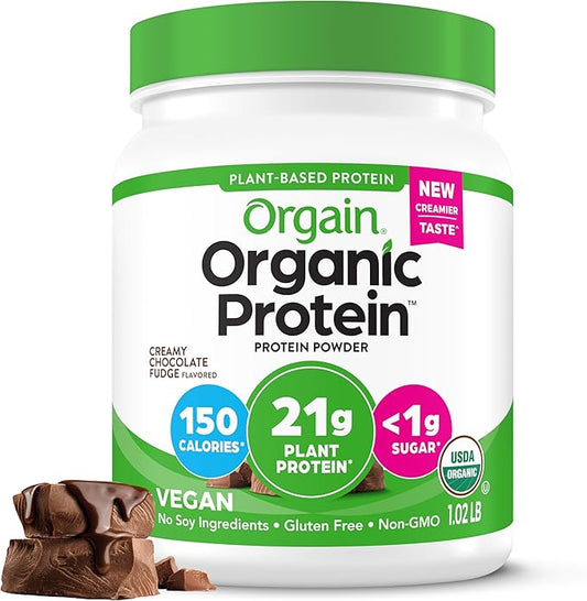Orgain Organic Vegan Protein Powder, Creamy Chocolate Fudge - 21g Plant Protein, 7g Prebiotic Fiber, No Lactose Ingredients, No Added Sugar, Non-GMO, Shakes & Smoothies, 1.02 lb (Packaging May Vary)