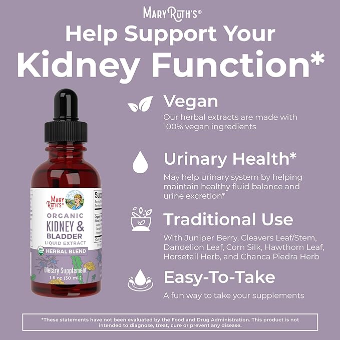 MaryRuth Organics Herbal Supplement Drops | Support Renal & Urinary Systems | Juniper Berry | Cleavers | Dandelion | Hawthorn | Horsetail & Chanca Piedra | Vegan | Non-GMO | 1 Fl Oz