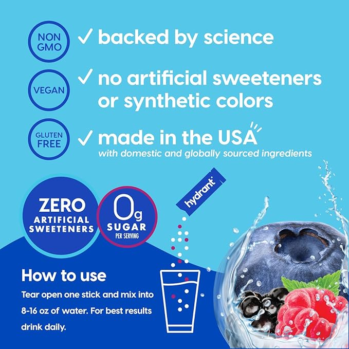 Hydrant Hydrate Zero Sugar, Individual Hydration Electrolye Powder Stick Packets with Zero Sugar and FSA & HSA Eligibility (Berry Burst, 30 Count)