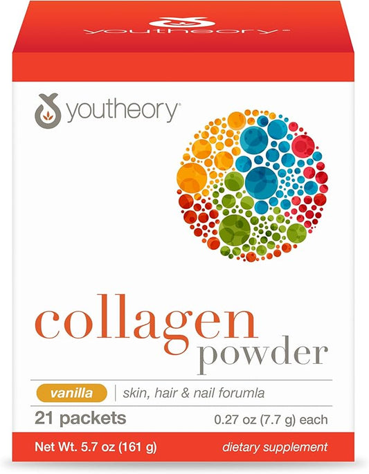 Youtheory Collagen Powder - Premium Collagen Supplement with Vitamin C & Biotin - Supports Healthy Hair, Nails, Skin & Joints* - Dairy, Soy & Gluten Free - Vanilla, .27 oz (21 Pack)
