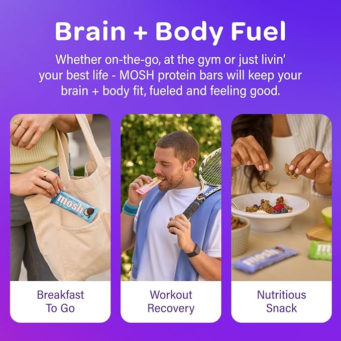 MOSH Cookies and Cream Crunch Bars, 12g Grass-Fed Protein, Keto Snack, Gluten-Free, No Added Sugar, Lion's Mane, B12 Vitamins, Supports Brain Health, Workout Recovery, Breakfast To-Go (12 Bars)…